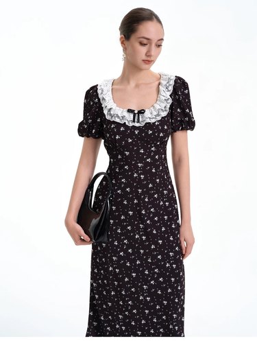 ROCHAROMA连衣裙女碎花方花边领收腰长裙2025春季新款noneofus