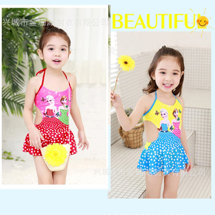 5宝宝可爱衣 新款 儿童卡通图案露背连体小童游泳衣吊带三角裙式