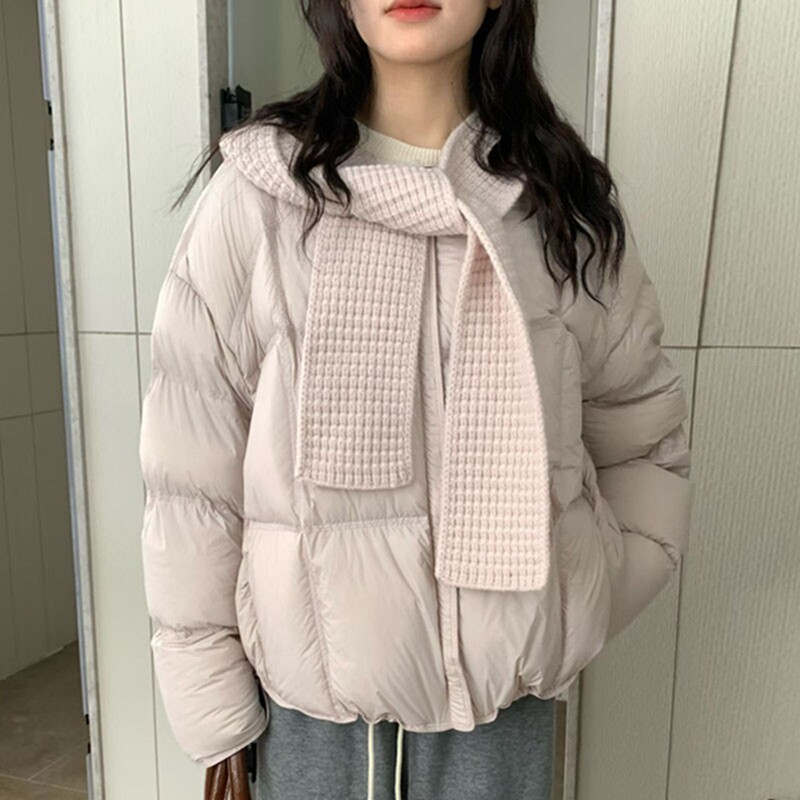 休闲时尚短款羽绒服女针织帽子2025冬季新款宽松保暖纯色90绒外套