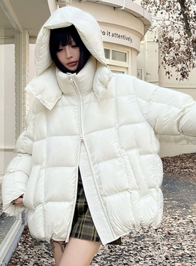 PENNY62270欧货休闲连帽羽绒服女2025冬季压格宽松泡芙白鸭绒外套