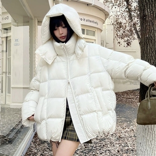 PENNY62270欧货休闲连帽羽绒服女2025冬季压格宽松泡芙白鸭绒外套