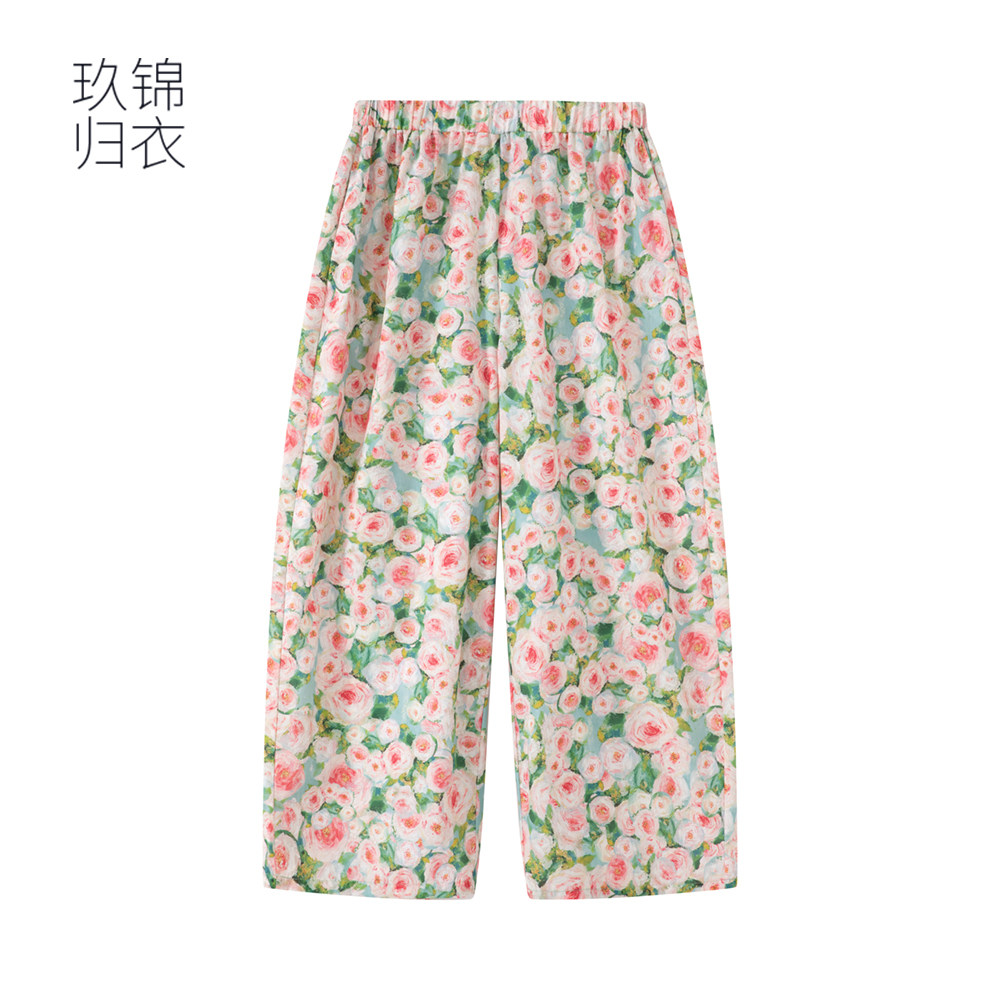 玖锦归衣甜美风复古玫瑰印花休闲裤女松紧腰宽松外穿女装阔腿裤