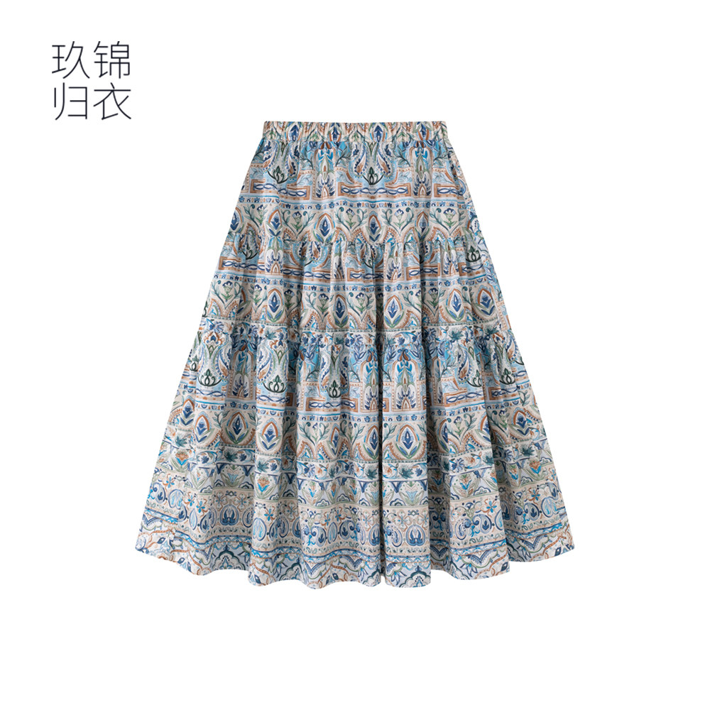 玖锦归衣复古印花A字半身裙女松紧腰中长款宽松垂感褶皱大摆塔裙