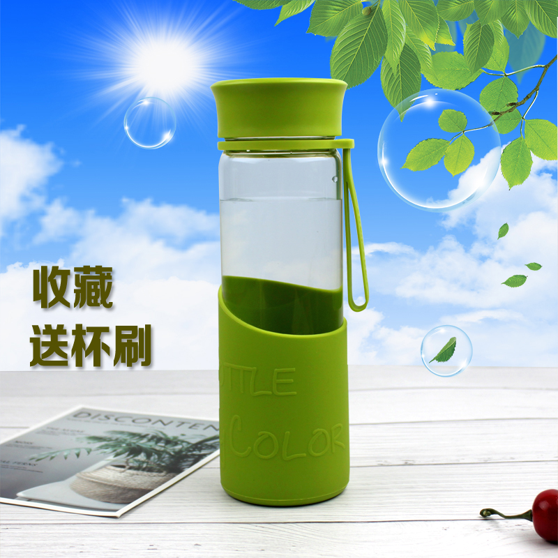 田园风韩式圆形运动水壶乐扣乐扣透明无色水杯女耐热玻璃微波加热