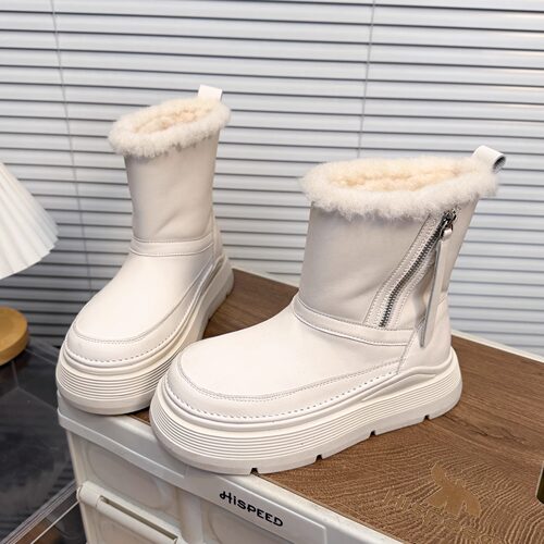 日本OFFCAT真皮松糕厚底侧拉链雪地靴女加绒保暖防滑防水白色短靴