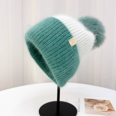 冰岛花少2025新款拼色兔毛绒针织帽女秋冬保暖狐狸毛球毛线帽冷帽