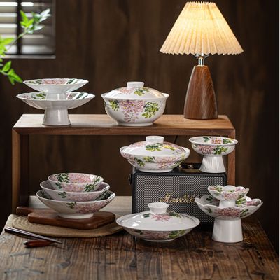 陶瓷碗釉下彩家用斗笠碗家用高级感高温手绘小碗餐具套装