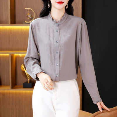 时尚木耳边双绉真丝衬衫上衣