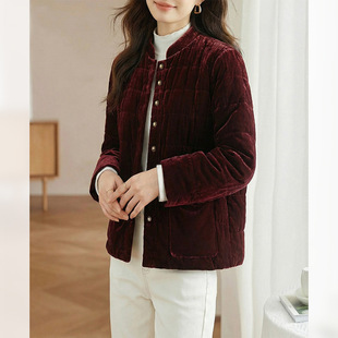 桑蚕丝丝绒棉服外套女2025新款秋冬轻薄真丝上衣女士长袖立领棉袄