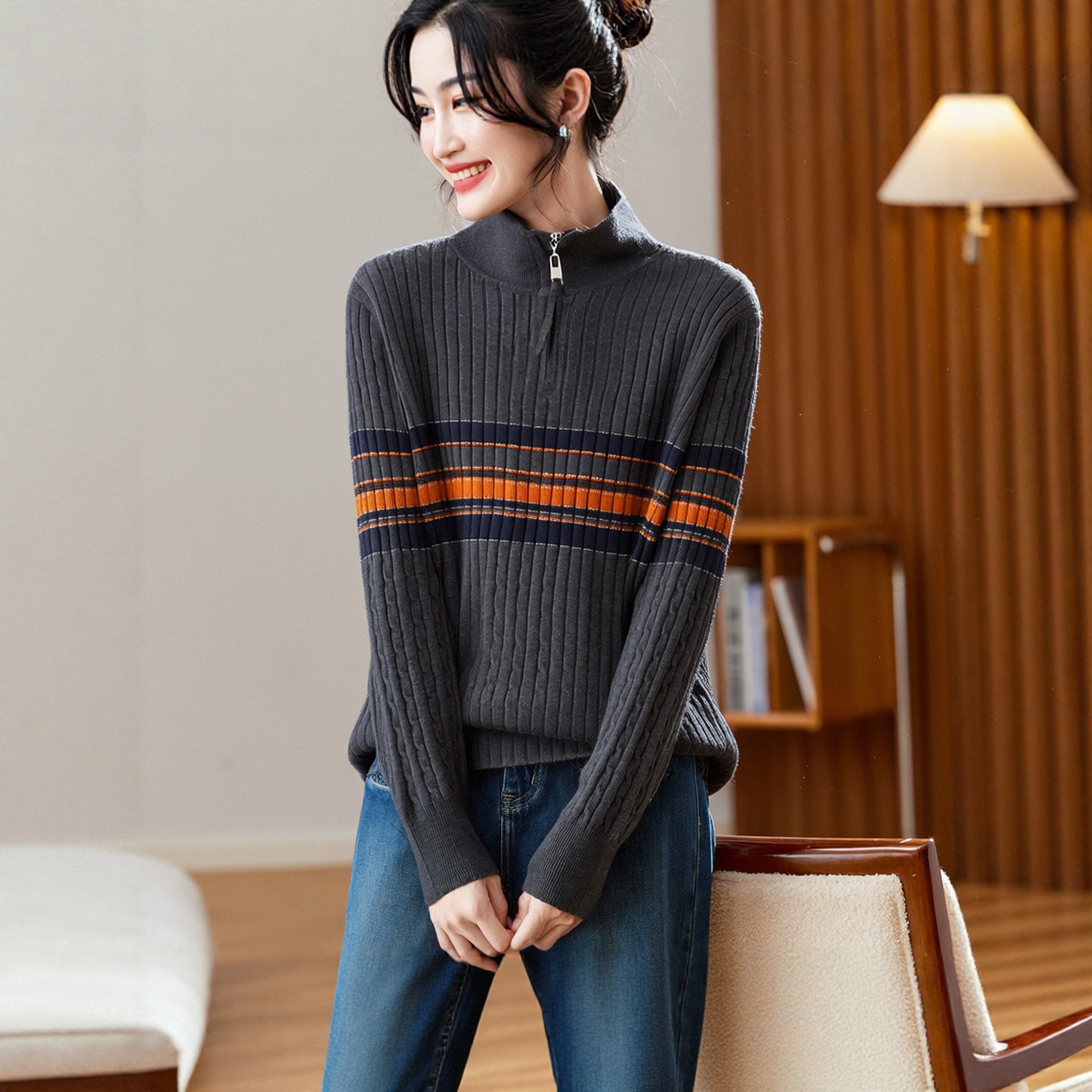 撞色坑条纹长袖毛衣女装套头上衣