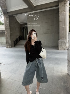 鱼自留 Fishcosy精致复古 韩国斜襟设计 宽松阔腿中裤 超美做旧色