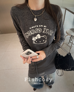韩国2025新品 正肩版 T恤 羊毛磨毛打底kitty长袖 夏威夷人鱼 型