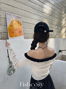 韩国现货 夏威夷人鱼韩国2025春夏新 撞色性感露肩一字肩针织衫