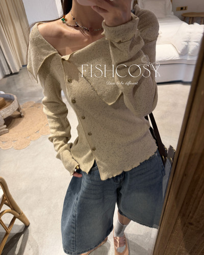 实拍图 不规则斜肩 棉麻质感镂空大翻领小衫  修身显瘦Fishcosy