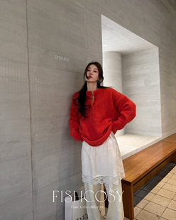 新年红色!简洁开扣设计休闲打毛衣 超显白 慵懒大气Fishcosy