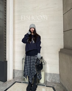 不规则下摆 韩国新品 2026早春 fish 假两件半裙 拼接格子裙