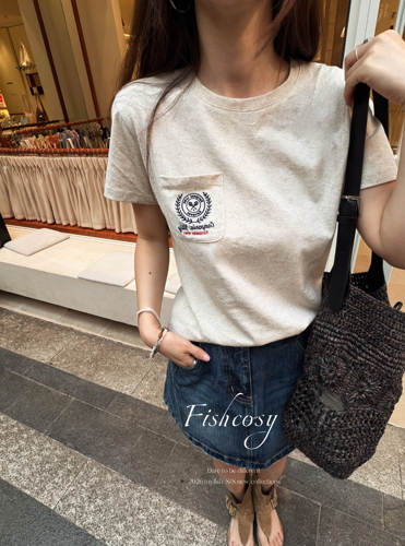 精致正肩版型 Fishcosy 小口袋刺绣棉麻t  韩国新品 简约百搭