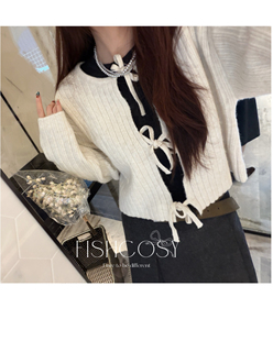 甜美蝴蝶结绑带坑条羊毛开衫 韩国2025秋冬新品