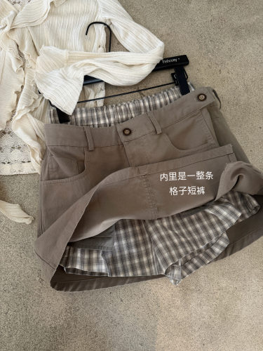 鱼自留 格子短裤拼接 假两件工装短裙 超级显瘦显腿长 百搭好看