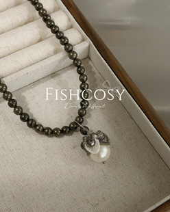 墨绿彩石串珠手工蕾丝花朵搭配玻璃珍珠吊坠项链 韩国设计师新品