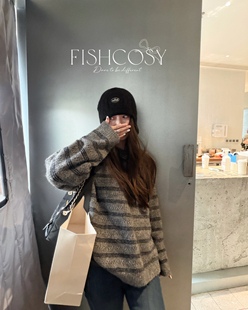 亲肤条纹休闲毛衣自由chill感韩国设套头毛衣