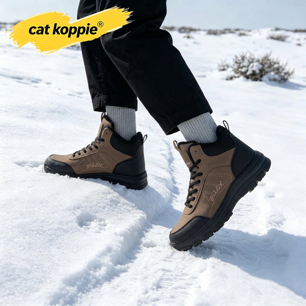 Cat Koppie棕黑拼接防滑耐磨户外靴磨砂皮革加绒保暖锁温系带男鞋