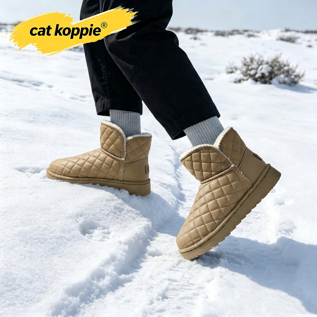 Cat Koppie卡其色菱格绗缝防滑耐磨雪地靴人造革加绒保暖短筒男鞋