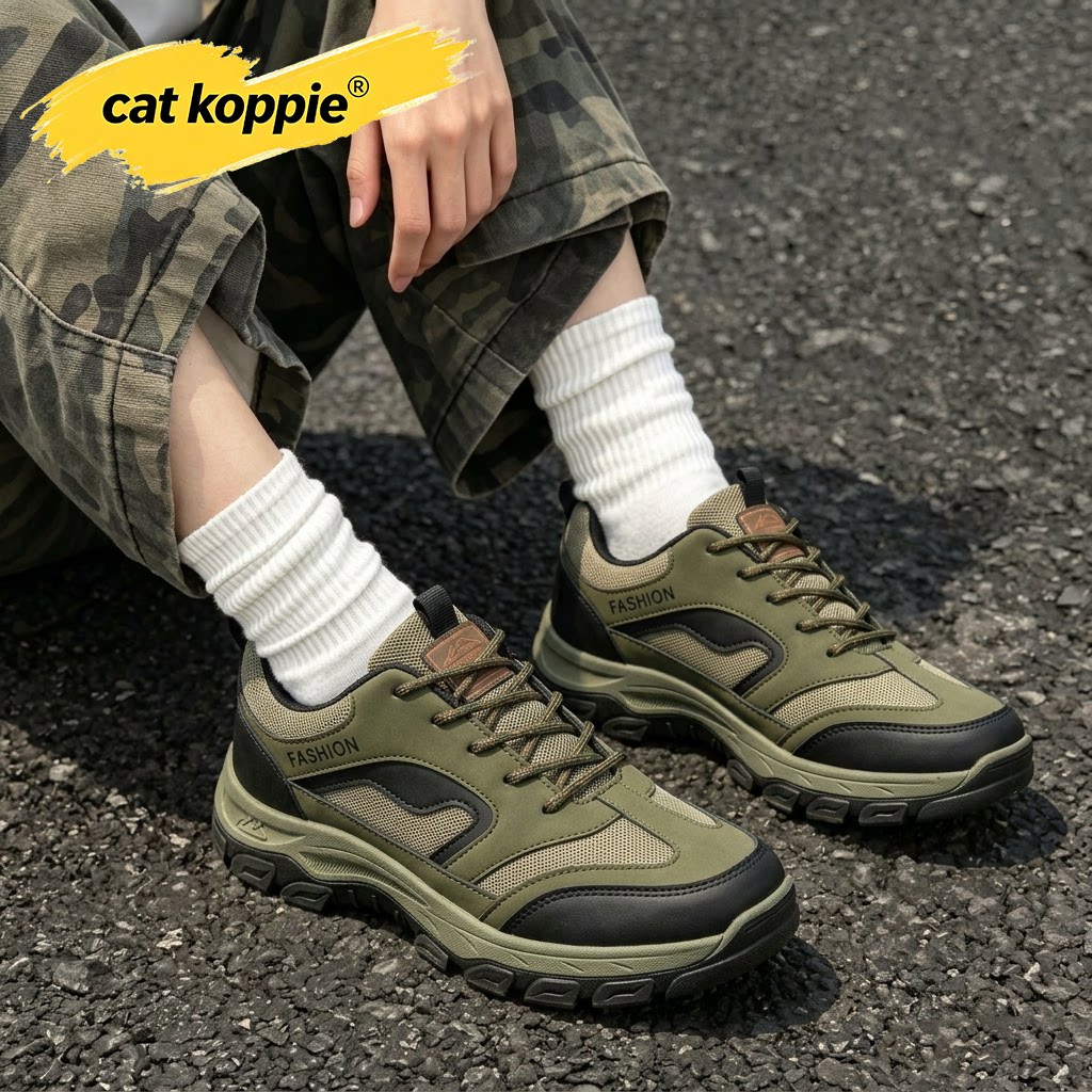 Cat Koppie军绿色户外工装风防滑耐磨登山鞋网面革面透气低帮男鞋