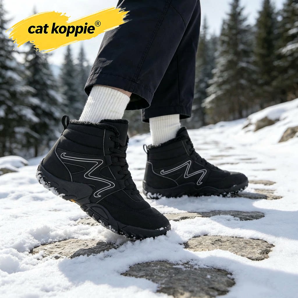 Cat Koppie米白加绒轻防滑橡胶雪地靴合成革保暖防寒系带高帮男鞋