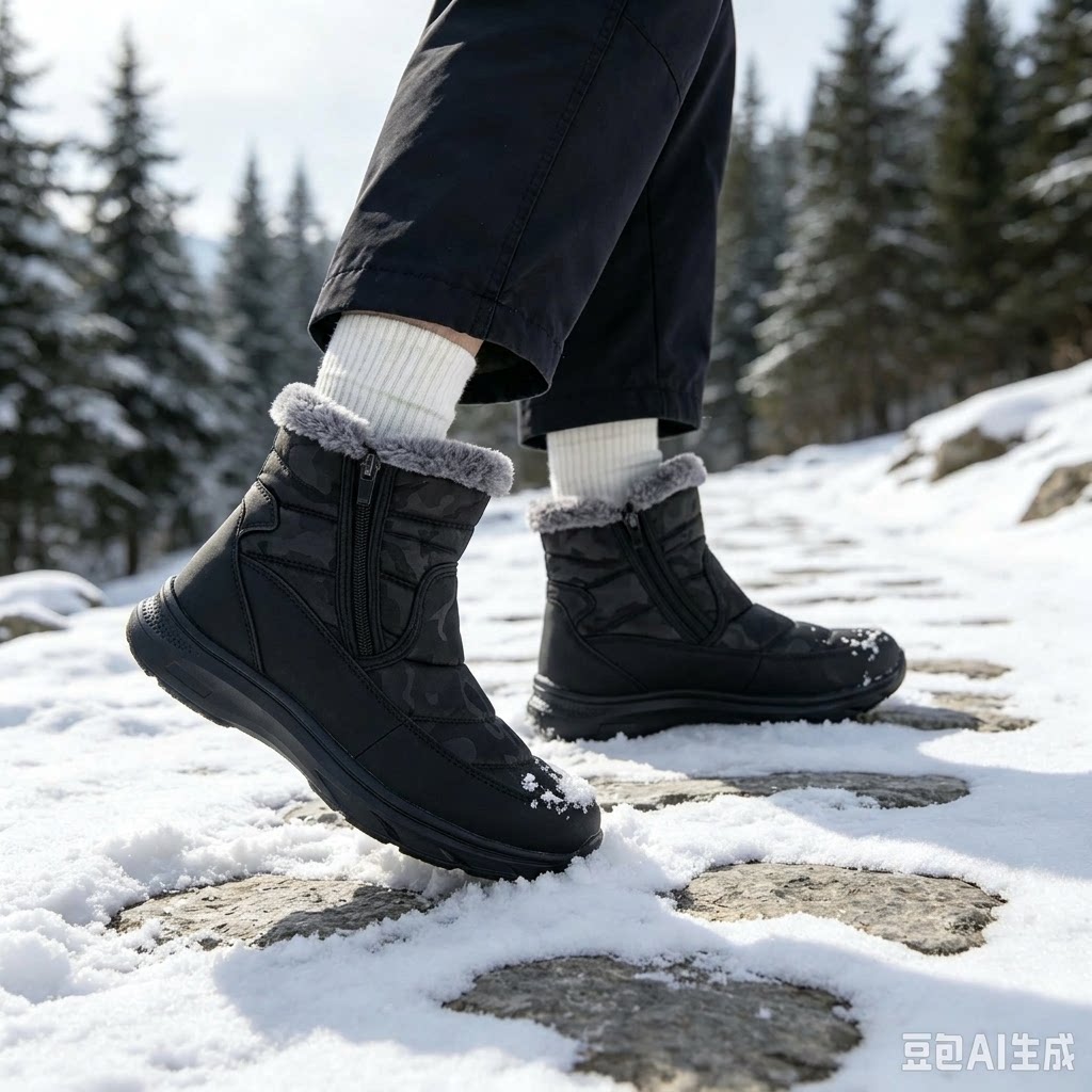 Cat Koppie黑色暗纹迷彩防滑耐磨雪地靴防水加绒保暖拉链设计男鞋