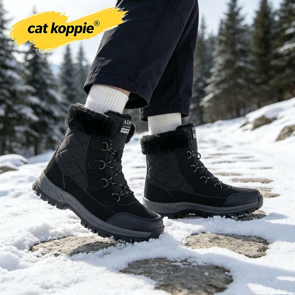 Cat Koppie黑色菱格绗缝防滑厚底雪地靴布面保暖防水高帮加绒男靴