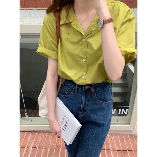 Korean summer Lapel Shirt Short Sleeve solid color loose simple shirt