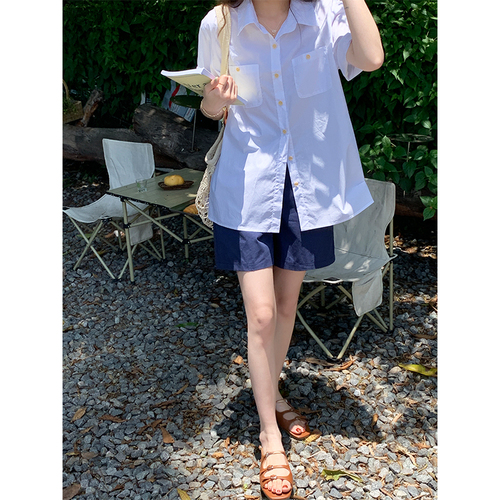 Real shot striped short-sleeved shirt for women in spring and summer design niche lazy style loose Korean style casual top