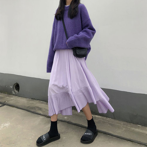 Real photo Pullover loose net red sweater irregular pleated skirt two piece 2019 Korean