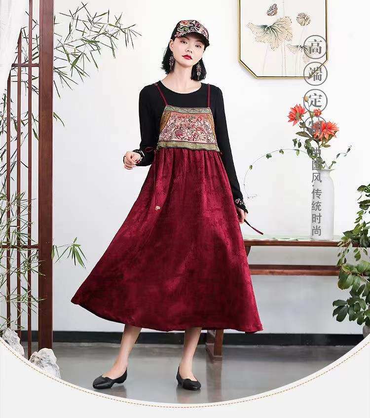 民族风织锦麻重工刺绣背心裙连衣裙高腰套裙长裙