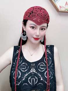 民族风头饰手工钩花冰丝亚麻镂空帽子女复古波浪边流苏包头帽