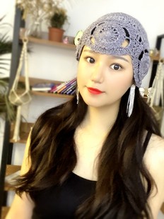 手工编织蕾丝花边镂空四季 针织毛线帽子毛线瓜皮帽时髦包头帽