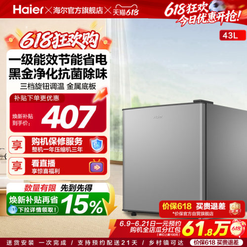 海尔43升星辉银一级节能黑金净化三档可调左右换门租房专用小冰箱