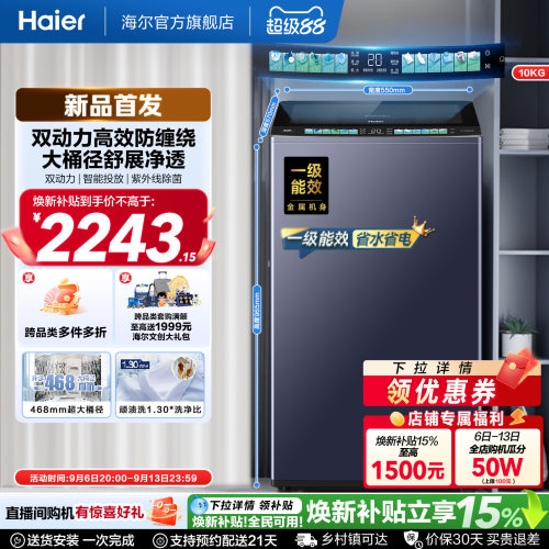 国家补贴|海尔洗衣机双动力10kg波轮全自动杀菌除螨直驱精华洗D8