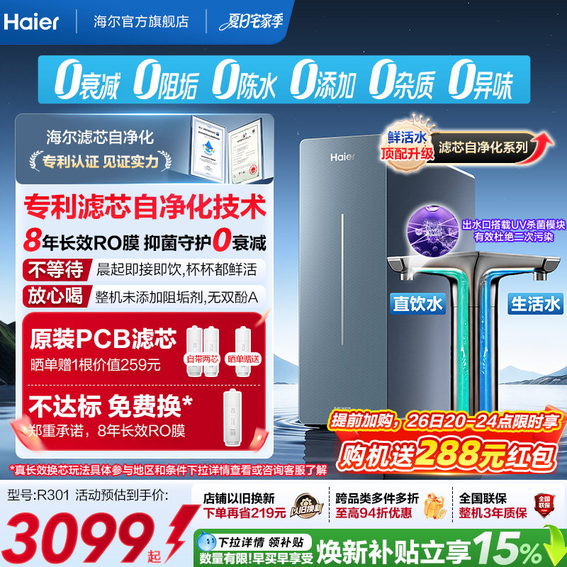 新品海尔净水器鲜活水自净化家用直饮长效反渗透1200G净饮机P7