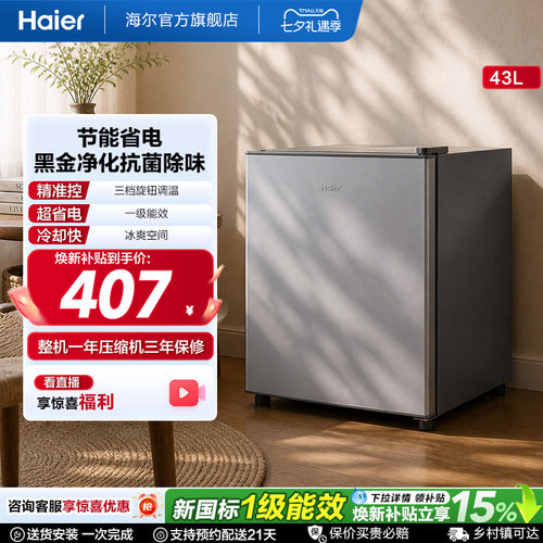 海尔43升星辉银一级节能黑金净化三档可调左右换门租房专用小冰箱