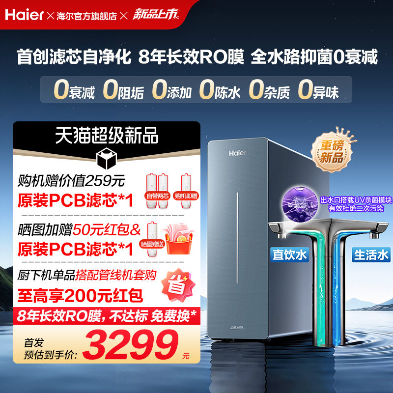 新品海尔净水器鲜活水自净化家用直饮长效反渗透1200G净饮机P7
