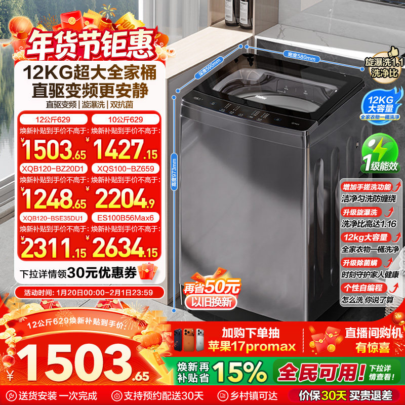 以旧换新 海尔波轮洗衣机大容量全自动家用10kg/12kg变频除菌629