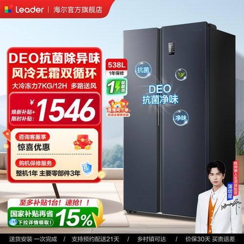 海尔统帅538L对开门一级变频冰箱