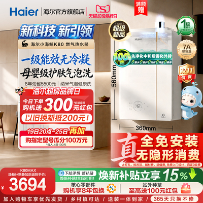 [重磅新品]海尔小海鲸K80燃气热水器天然气一级能效16L升恒温家用