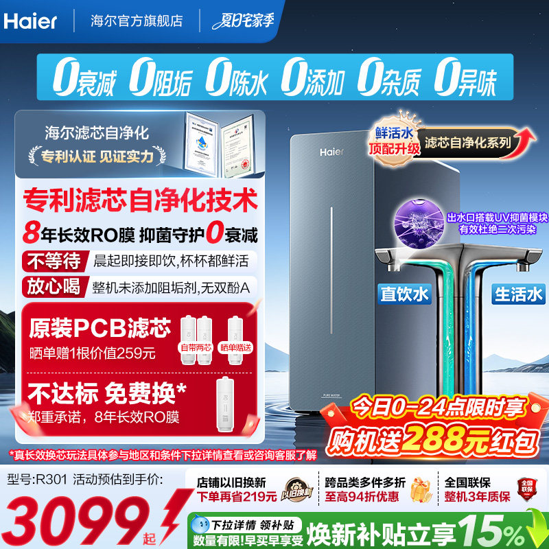新品海尔净水器鲜活水自净化家用直饮长效反渗透1200G净饮机P7