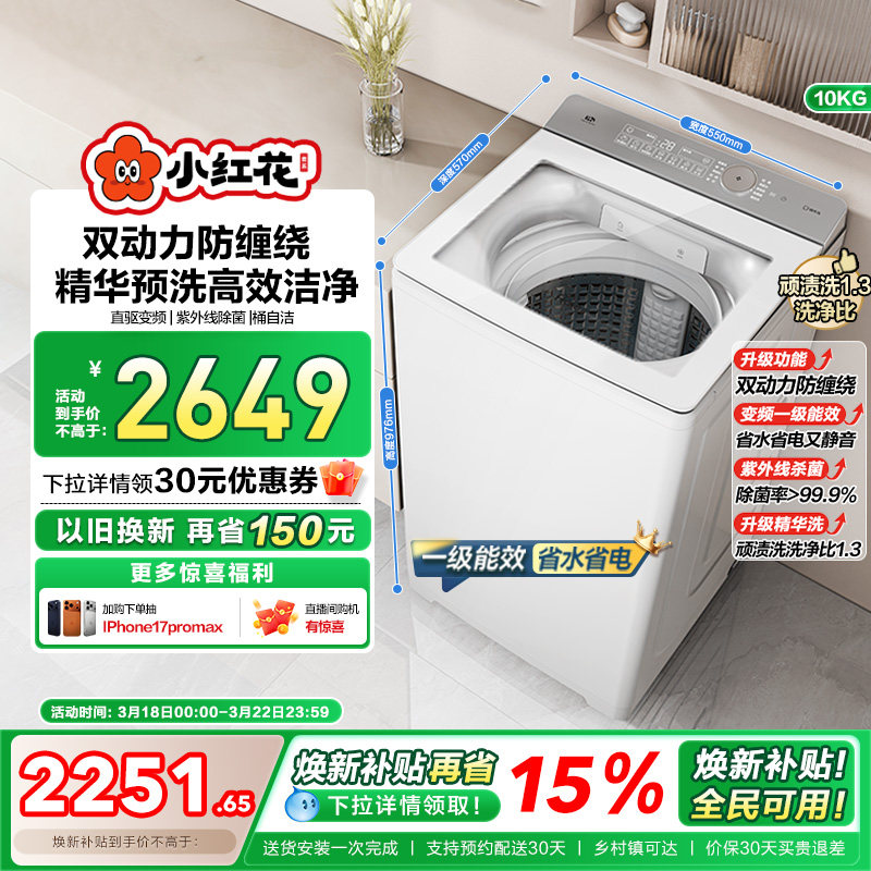 海尔小红花波轮双动力精华洗10kg大容量家用全自动洗衣机73M