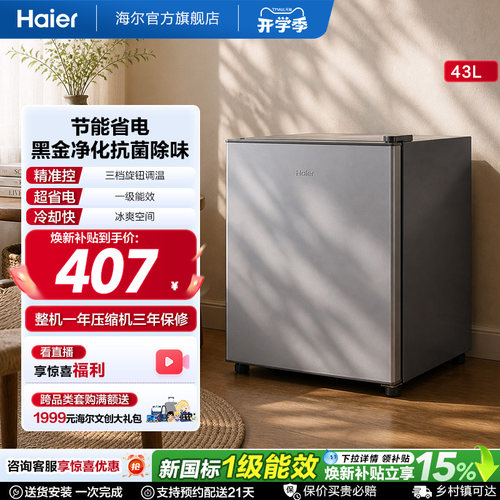 海尔43升星辉银一级节能黑金净化三档可调左右换门租房专用小冰箱