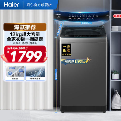 国家补贴海尔波轮洗衣机大容量家用全自动12kg租房除螨除菌10D0