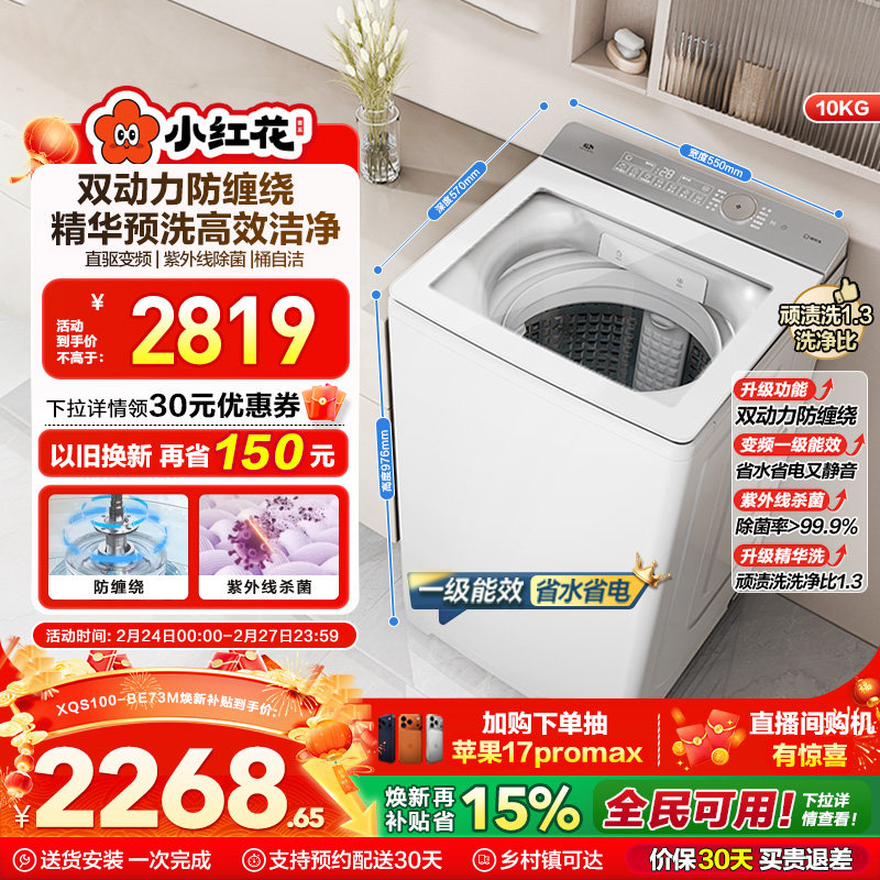 海尔小红花波轮双动力精华洗10kg大容量家用全自动洗衣机73M